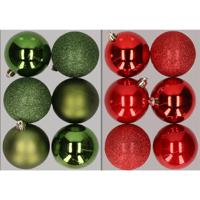 12x stuks kunststof kerstballen mix van appelgroen en rood 8 cm - Kerstbal - thumbnail