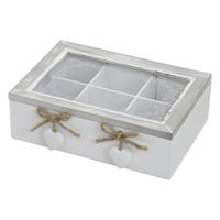 Wurm Theedoos - 6 vaks - grijs/wit - hartjes - 22 x 18 x 17 cm - MDF hout - theebox