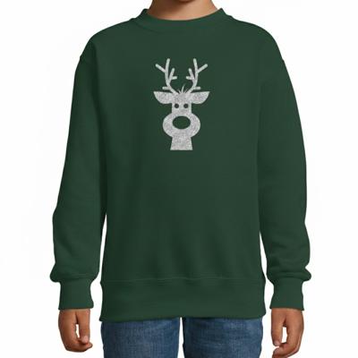 Kerstsweater voor kinderen - groen - met zilveren rendier - glitter bedrukking