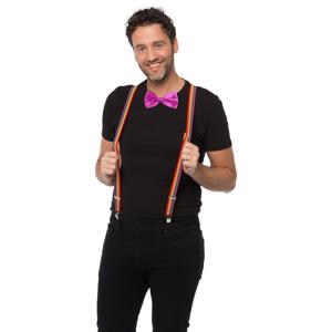 Carnaval verkleedset bretels en strik - regenboog - roze - volwassenen/unisex - feestkleding