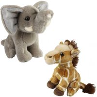 Knuffeldieren set olifant en giraffe pluche knuffels 18 cm - thumbnail