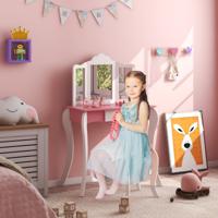 2 In 1 Kinderkaptafel met Krukje & Afneembare 3-Delige Spiegel Make-Up Tafel met Lade voor Kinderen Vanaf 3 Jaar Wit + Roze