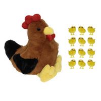 Pluche bruine kippen/hanen knuffel van 25 cm met 12x stuks mini kuikentjes 3,5 cm - Feestdecoratievoorwerp