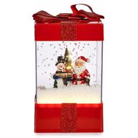 Snowglobe lantaarn - kerstman en sneeuwpop - rood - 22,5 cm - met verlichting en muziek