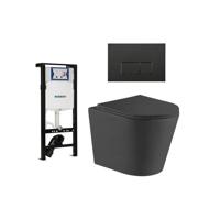 QeramiQ Dely Toiletset - 36.3x51.7cm - diepspoel - rimless - Geberit UP320 plieger inbouwreservoir - softclose toiletzitting - mat zwarte bedieningsplaat - rechtehoekige knoppen - zwart mat SW1026253/SW1381697/SW706193/SW1000768