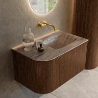 Badmeubel Mondiaz Kurve-Dlux | 75 cm | Meubelkleur Walnut | Wastafelkleur Oza | Solid surface | Wasbak rechter zijde spoelbak | Zonder kraangat(en) Badmeubel Mondiaz Kurve-Dlux | 75 cm | Meubelkleur Walnut | Wastafelkleur Oza | Solid surface | Wasbak rechter zijde spoelbak | Zonder kraangat(en)