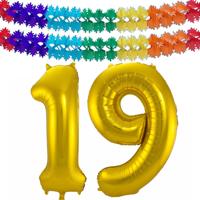 Folie ballonnen - Leeftijd cijfer 19 - goud - 86 cm - en 2x feestslingers - verjaardag versiering