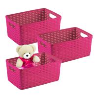 Opbergmand - 3x - Kastmand - rotan kunststof - fuchsia roze - 10 Liter - 22 x 33 x 16 cm