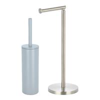 Badkamer accessoires set - WC-borstel/toilet rollen houder - metaal/porselein - ijsblauw