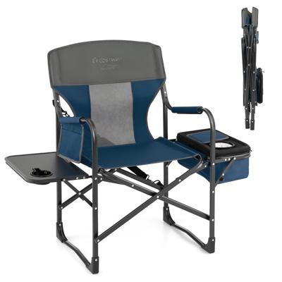 Campingstoel met Zijtafel Koeltas en Opbergtas Inklapbare Visstoel Draagbare Regiestoel Klapstoel Blauw+Grijs