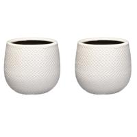 Mica Decorations Bloempot - Set van 2x stuks - wit - keramiek - ribbels - D14 x H12 cm
