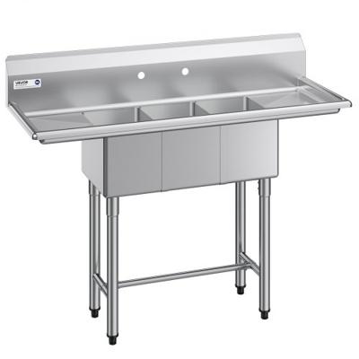 VEVOR 3-koms spoelbak met 2 afvoeren en spatbescherming, keuken spoelbak (1372 x 508 x 1097 mm), keuken spoelbak voor restaurants, foodtrucks en privégebruik, roestvrijstalen spoelbak, zilverkleurig