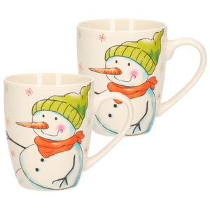 2x stuks kerstmok/wintermok sneeuwpop met groene muts en oranje sjaal van poreselein 10 cm