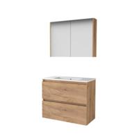 Basic-Line Comfort 39 Badkamermeubelset - Ondiep - 80 x 39 cm - Greeploos - 2 Lades - Keramische Wastafel - 1 Kraangat - Spiegelkast - Whisky Oak