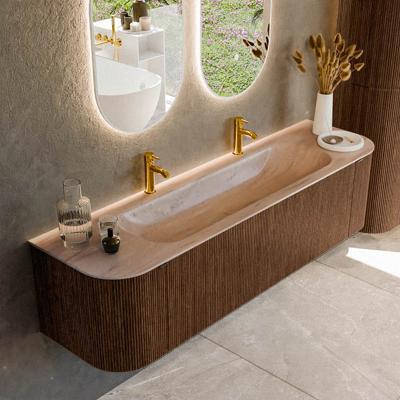 Badmeubel Mondiaz Kurve-Dlux | 170 cm | Meubelkleur Walnut | Wastafelkleur Saba | Solid surface | Wasbak midden spoelbak | 2 kraangaten