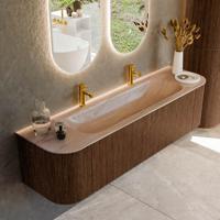 Badmeubel Mondiaz Kurve-Dlux | 170 cm | Meubelkleur Walnut | Wastafelkleur Saba | Solid surface | Wasbak midden spoelbak | 2 kraangaten