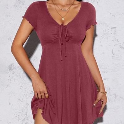 Petite Blue V-Neck Lettuce Trim Drawstring Knot Front Mini Dress Redwood / Petite M