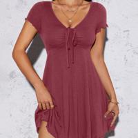 Petite Blue V-Neck Lettuce Trim Drawstring Knot Front Mini Dress Redwood / Petite M