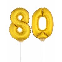 Gouden opblaas cijfer 80 - op stokjes van 41 cm - leeftijd versiering - verjaardag