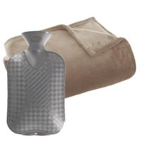 Fleece deken/plaid Donker Beige 130 x 180 cm en een warmwater kruik 2 liter