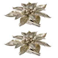 2x stuks decoratie bloemen kerstster champagne glitter op clip 9 cm - Kunstbloemen - thumbnail