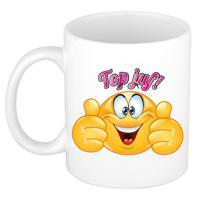 Cadeau koffie/thee mok - duim omhoog smiley - top juf - roze - 300 ml - keramiek