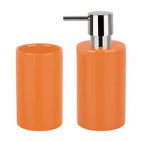 Badkamer accessoires set - zeeppompje/drinkbeker - porselein - oranje - thumbnail