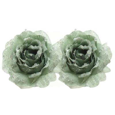Kerstboomversiering Bloem - 2x stuks - 12 cm - salie groen - op clip - ornament - roos