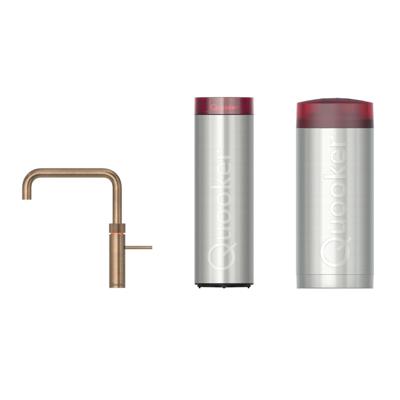 Quooker Fusion Square Keukenkraan Set - Kokend Warm- en Koud Water - Messing Patina - met COMBI+ Reservoir & CUBE - Direct Gekoeld Bruisend Water