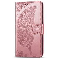 iPhone 15 hoesje - Bookcase - Pasjeshouder - Portemonnee - Vlinderpatroon - Kunstleer - Rose Goud - thumbnail