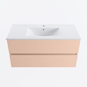 MONDIAZ VICA 100cm badmeubel onderkast Rosee 2 lades. Wastafel DENIA midden 1 kraangat, kleur Glanzend Wit.