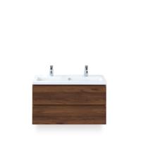 Vogue Badmeubelset 100 cm - Greeplijst in kleur - Walnoot - Keramische Wastafel Wit 2 kraangaten