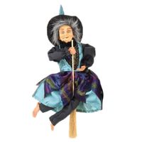 Halloween decoratie heksen pop - vliegend op bezem - 30 cm - zwart/blauw - thumbnail