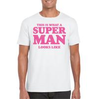 Verkleed T-shirt voor heren - super man - wit - glitter roze - carnaval/themafeest - Vaderdag