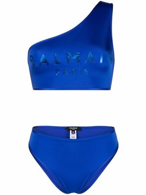 Balmain bikini imprimé à design à une épaule - Bleu