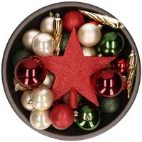 Set van 33x stuks kunststof kerstballen met ster piek rood/groen/champagne mix - Kerstbal - thumbnail