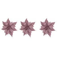 4x stuks decoratie bloemen kerstster roze glitter op clip 18 cm