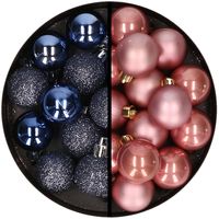 36x stuks kunststof kerstballen donkerblauw en oudroze 3 en 4 cm - thumbnail