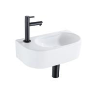 QeramiQ Fuente Fonteinset - 40x21.5x12cm - links - glad - halfrond - 1 kraangat - keramiek - fonteinkraan zwart mat - afvoerplug - verlaagd sifon - wit glans SW1209554/SW696205/SW696215/SW696235