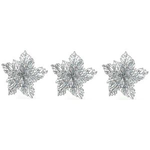 3x Kerstboomversiering op clip zilveren glitter bloem 23 cm