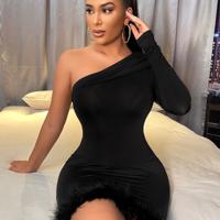 Black Asymmetrical Bodycon Dress - Feather Trim Party Mini Dress XS