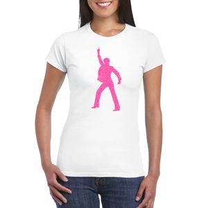 Bellatio Decorations Verkleed T-shirt dames - disco - wit - roze glitter - jaren 70/80 - carnaval 2XL  -
