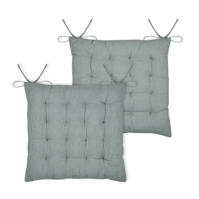 Stof Textile stoelkussen Coline - 2x - mintgroen - 38 x 38 x 4 cm - touwtjes sluiting