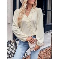 Dames Blouse Effen Kleur Werk Dagelijks Elegant Modern Pofmouw Lange mouw V-hals Wit Lente Herfst Lightinthebox - thumbnail