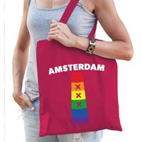 Gay pride Amsterdamse paal regenboog katoenen tas roze - thumbnail