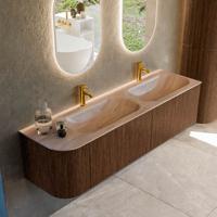 Badmeubel Mondiaz Kurve-Dlux | 165 cm | Meubelkleur Walnut | Wastafelkleur Saba | Solid surface | Dubbel / Rechts spoelbak | 2 kraangaten