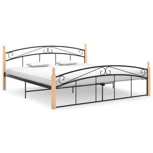 Bedframe metaal en massief eikenhout zwart 180x200 cm