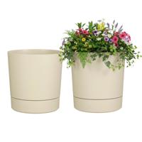 Mica Decorations Bloempot Coco - 2x - met onderschaal - beige - H19 x D18 cm - kunststof - buiten