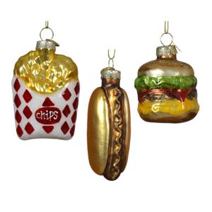 Kersthangers snacks - 3x stuks - goud - glas - patat - hotdog - hamburger kerstornamenten