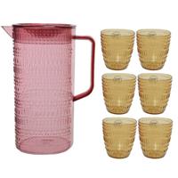 Roze schenkkan/waterkan/sapkan/limonadekan set met 6 gele glazen - Schenkkannen - thumbnail
